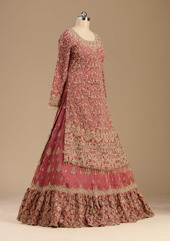 Maroon Stonework (Gold) Tissue Readymade Lehenga