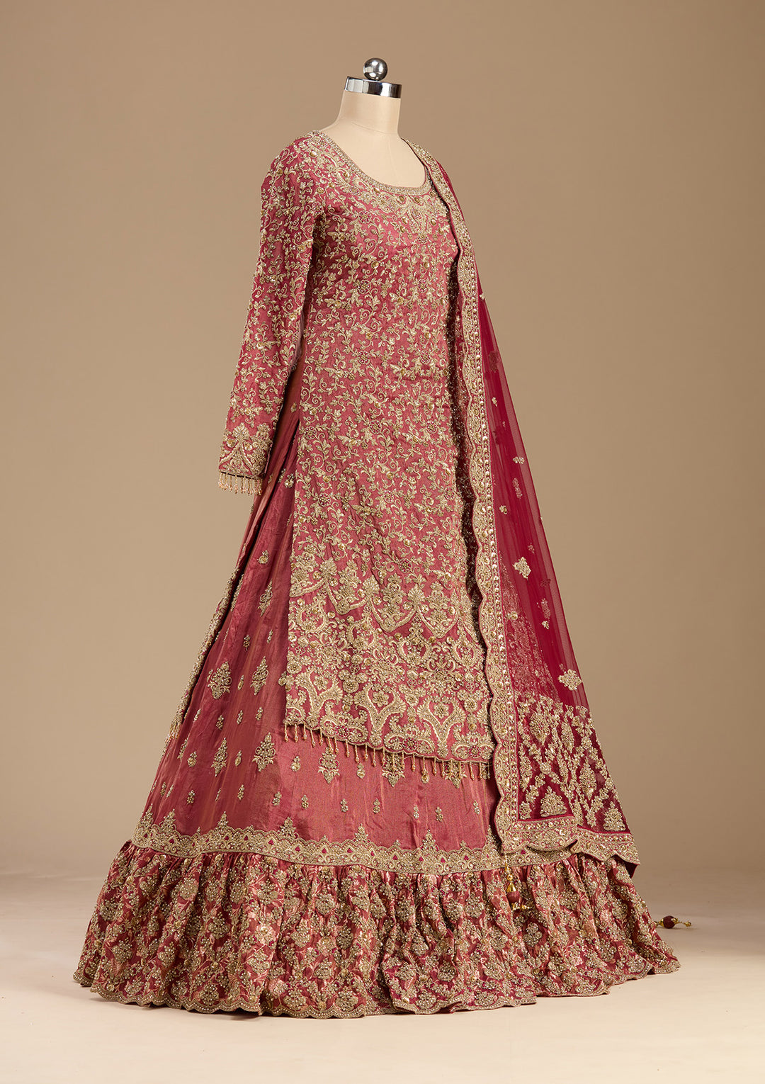 Maroon Stonework (Gold) Tissue Readymade Lehenga