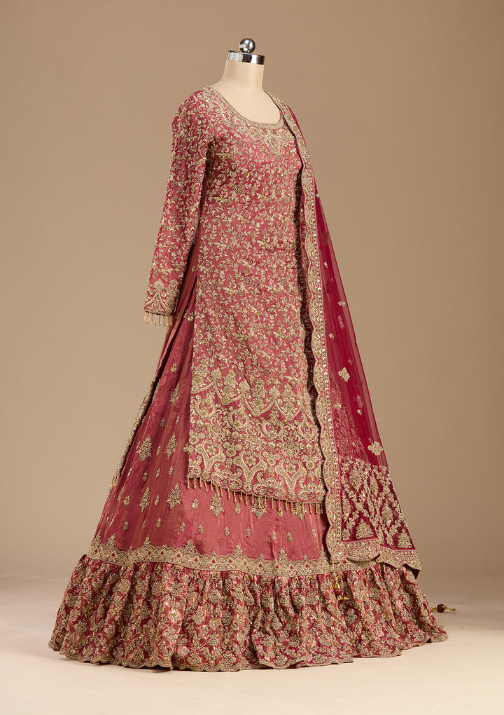 Maroon Stonework (Gold) Tissue Readymade Lehenga