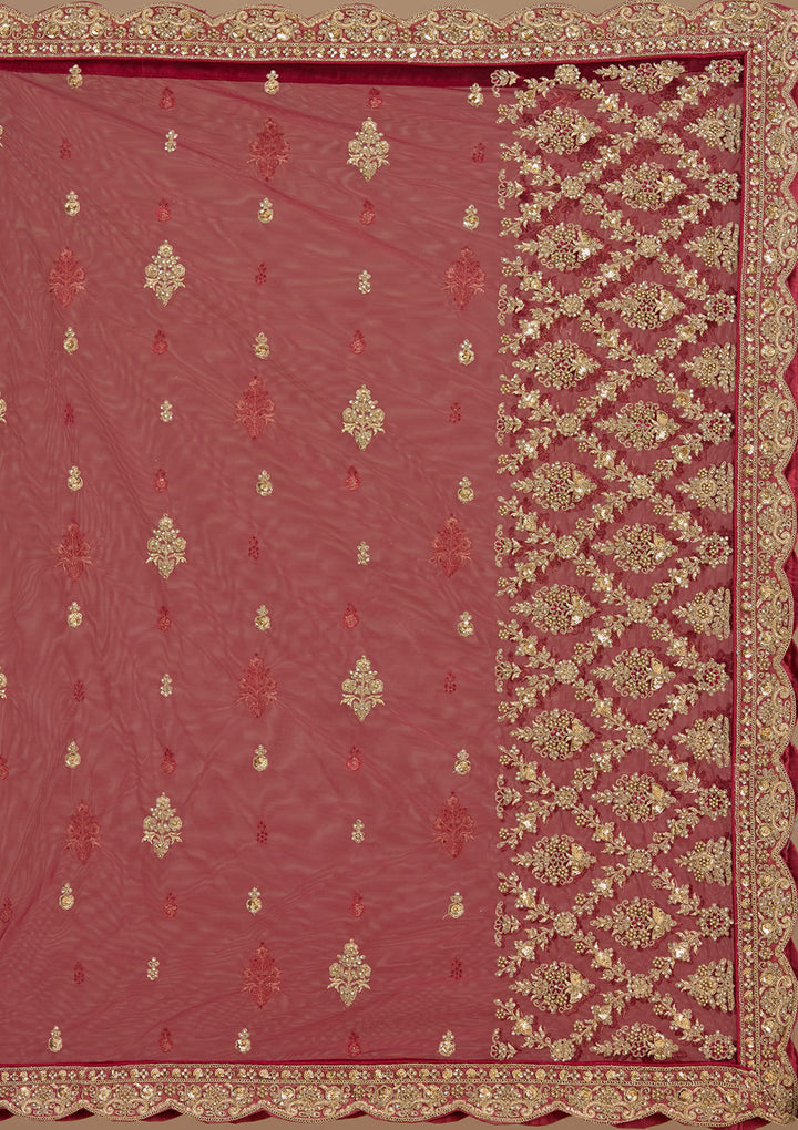 Maroon Stonework (Gold) Tissue Readymade Lehenga