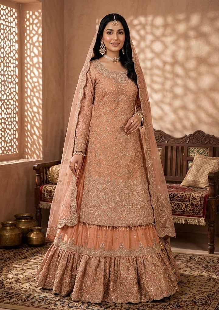 Peach Stonework (Gold) Tissue Readymade Lehenga
