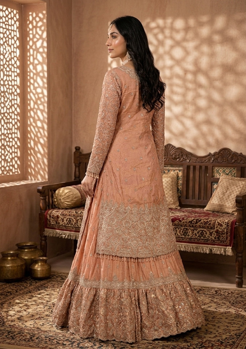Peach Stonework (Gold) Tissue Readymade Lehenga