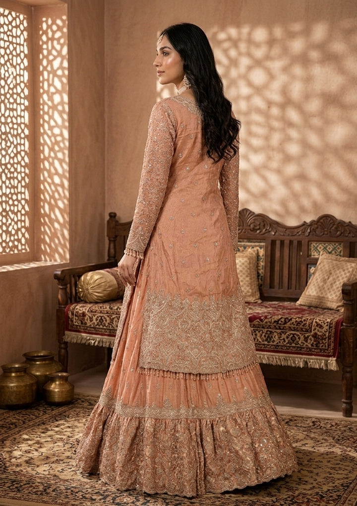 Peach Stonework (Gold) Tissue Readymade Lehenga