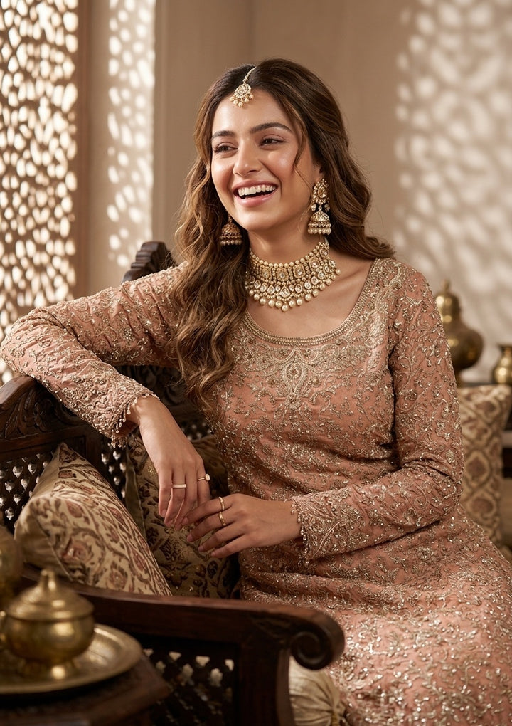 Peach Stonework (Gold) Tissue Readymade Lehenga