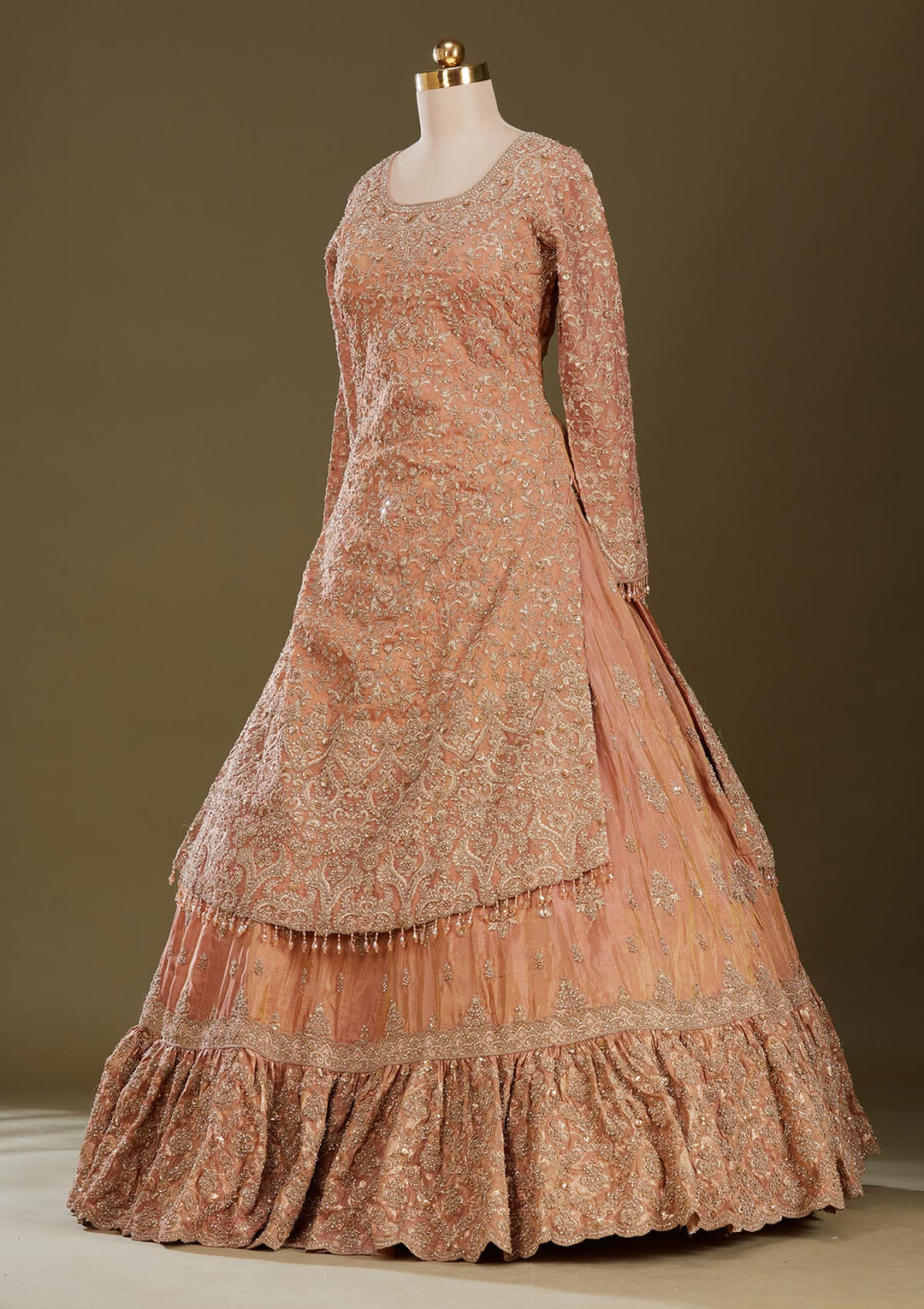 Peach Stonework (Gold) Tissue Readymade Lehenga