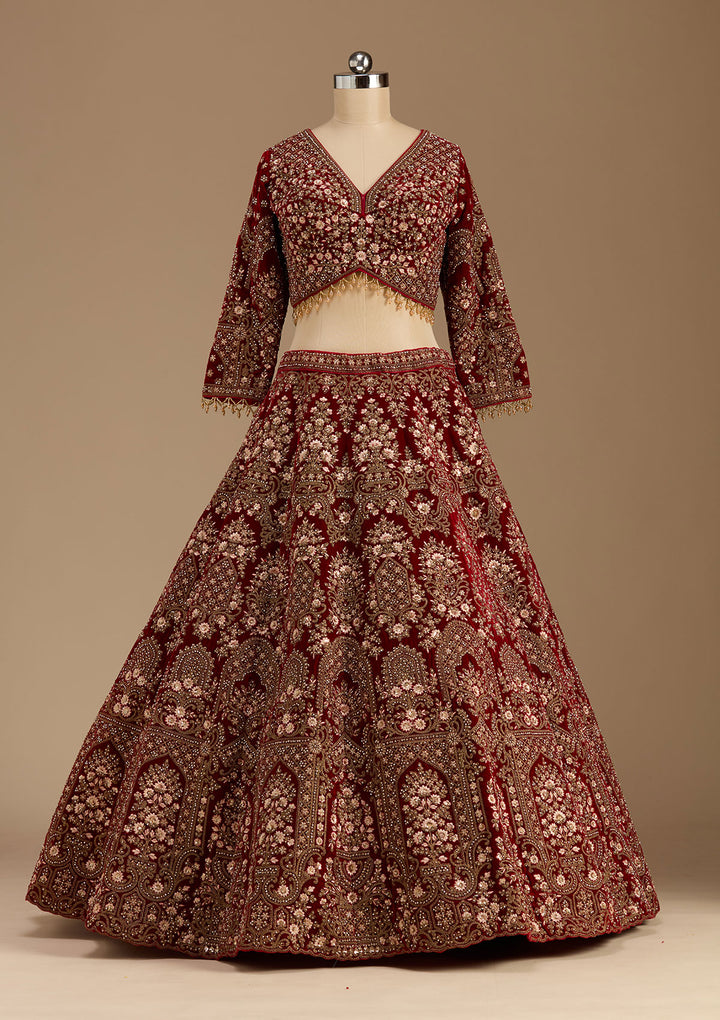 Maroon Cording Velvet Readymade Lehenga