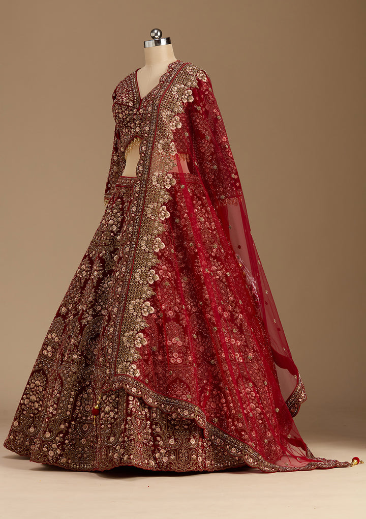 Maroon Cording Velvet Readymade Lehenga