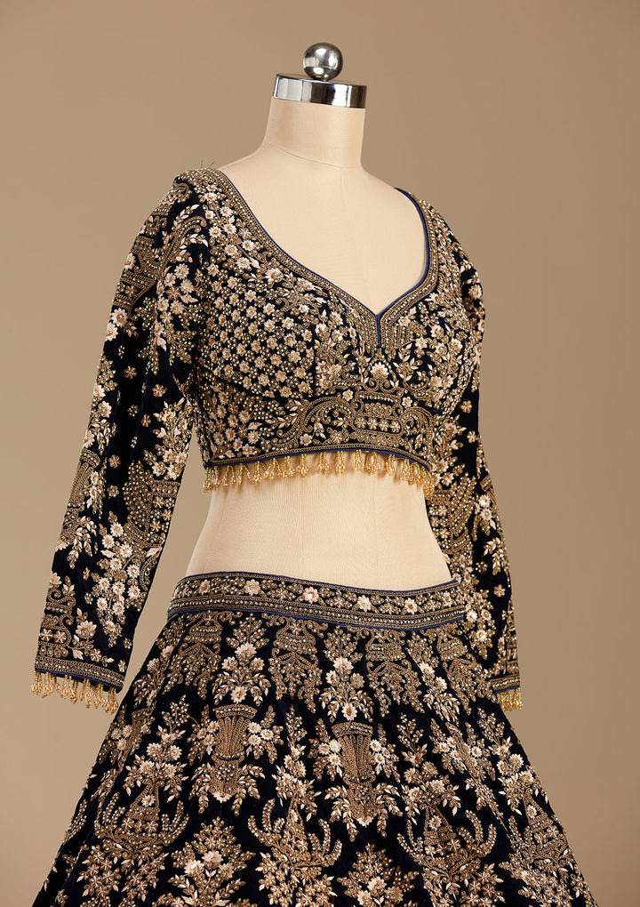 Blue Cording Velvet Readymade Lehenga