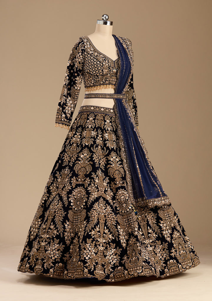 Blue Cording Velvet Readymade Lehenga