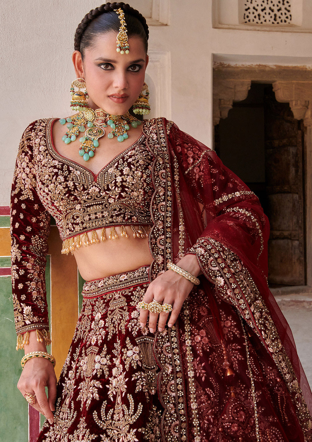 Maroon Cording Velvet Readymade Lehenga