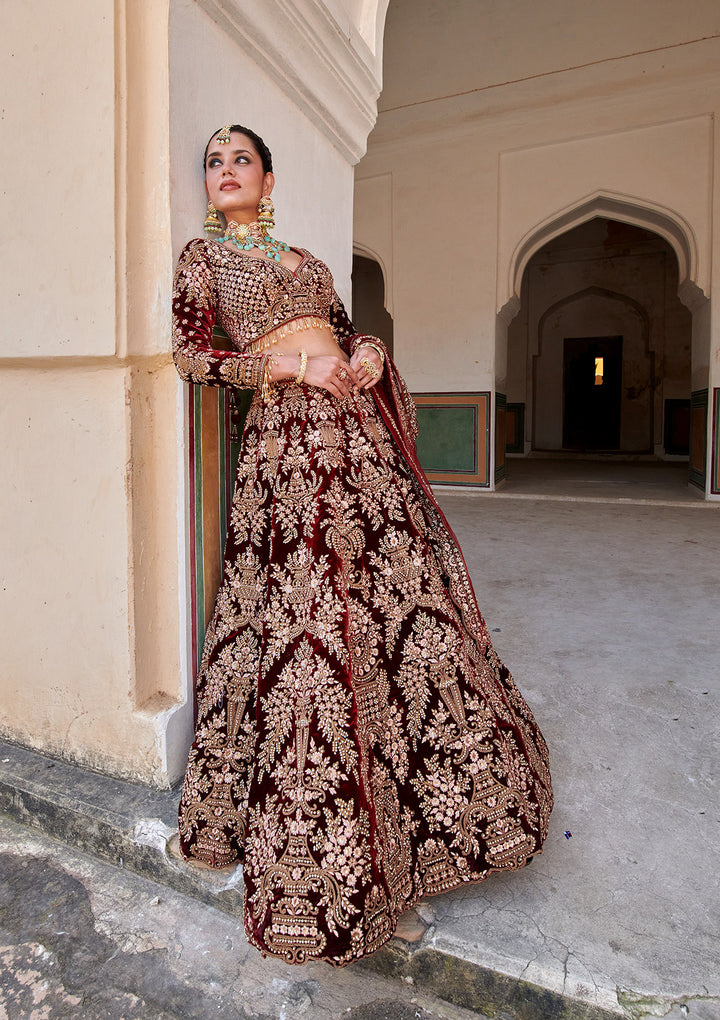 Maroon Cording Velvet Readymade Lehenga