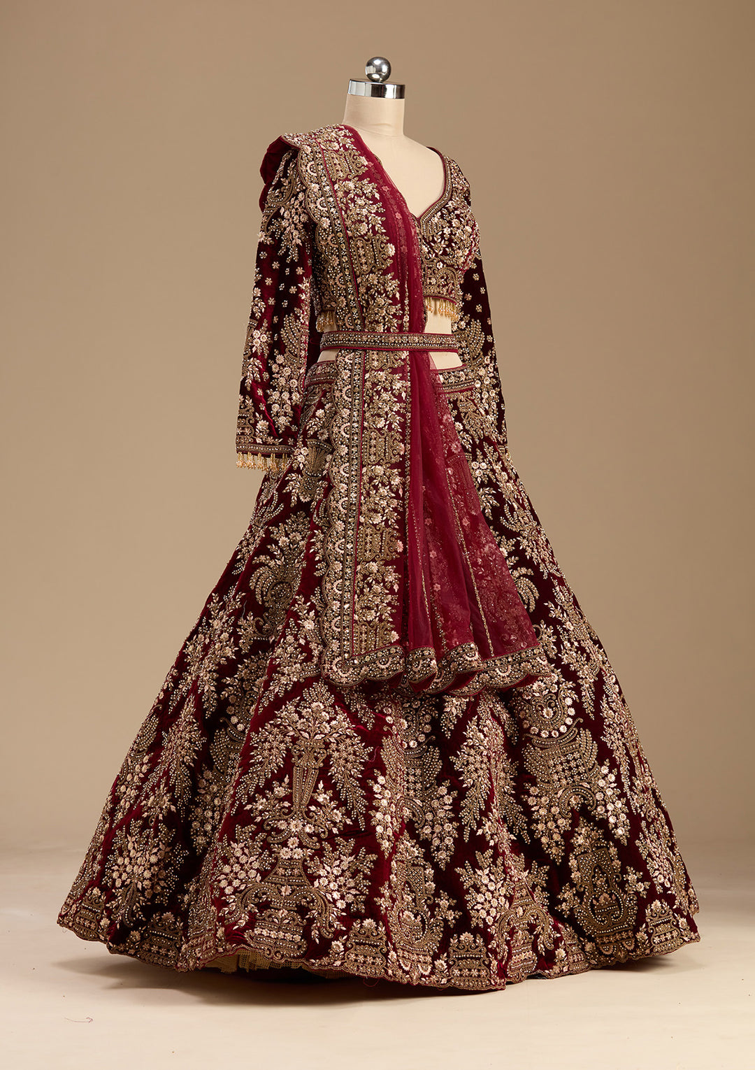 Maroon Cording Velvet Readymade Lehenga