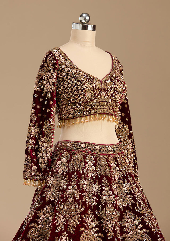 Maroon Cording Velvet Readymade Lehenga