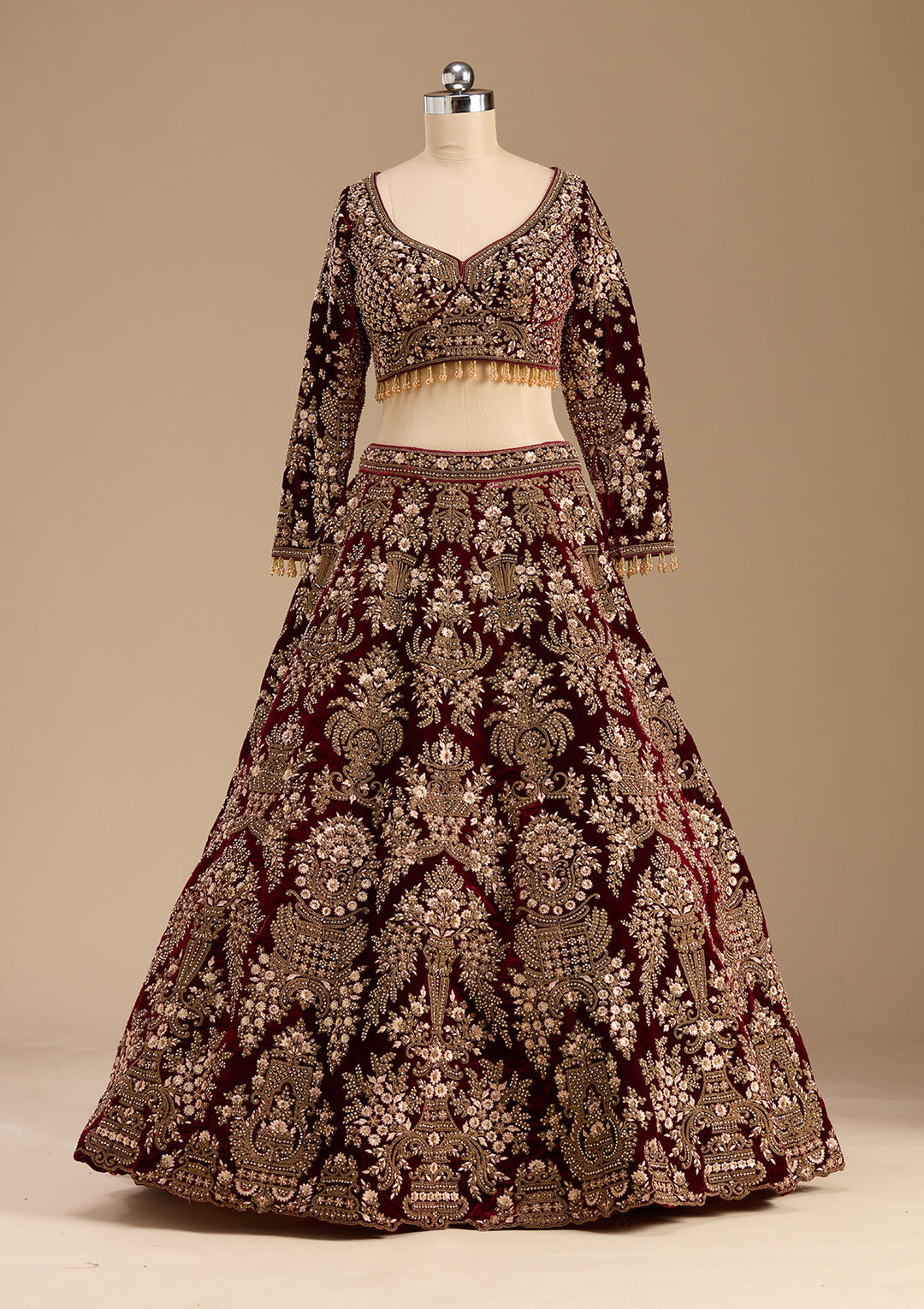 Maroon Cording Velvet Readymade Lehenga