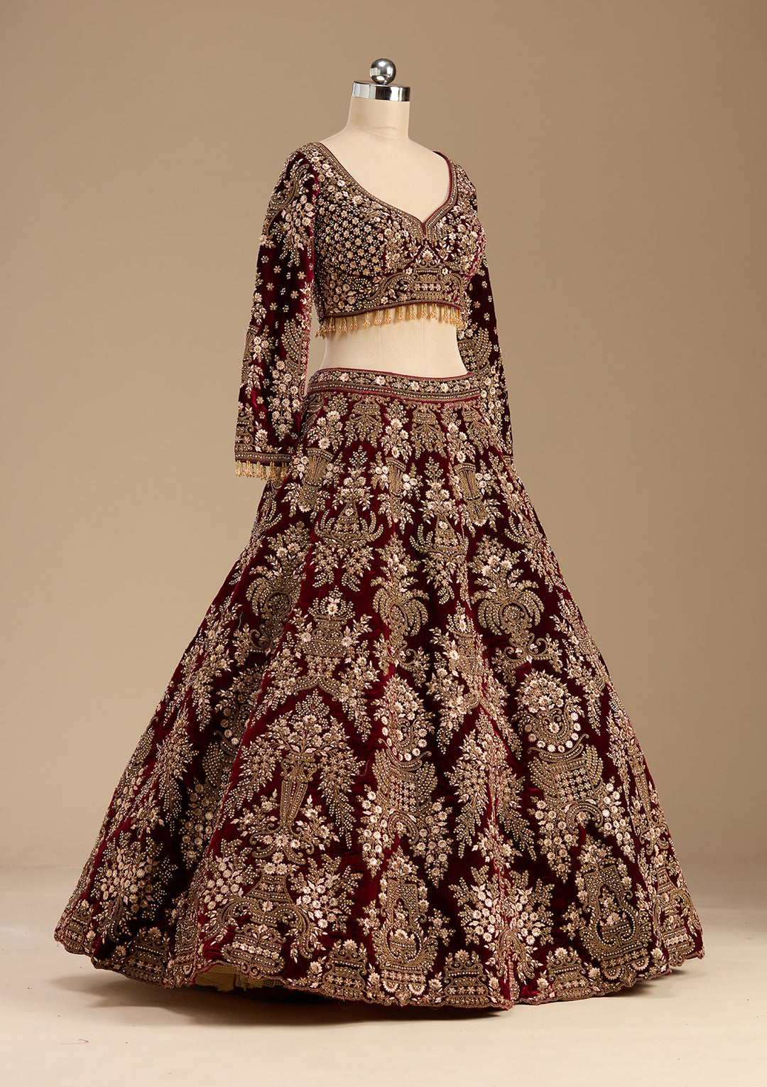 Maroon Cording Velvet Readymade Lehenga