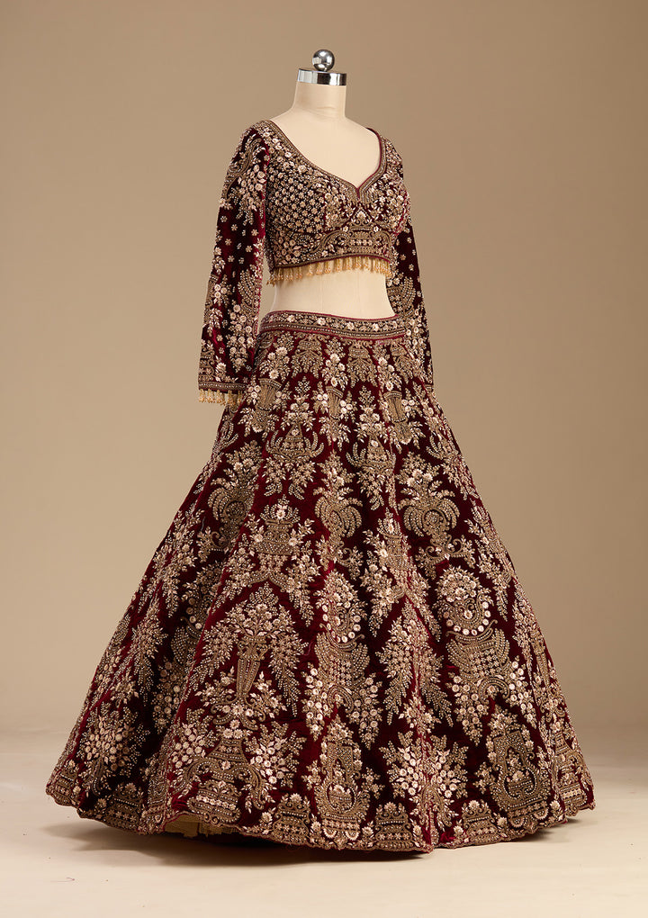 Maroon Cording Velvet Readymade Lehenga