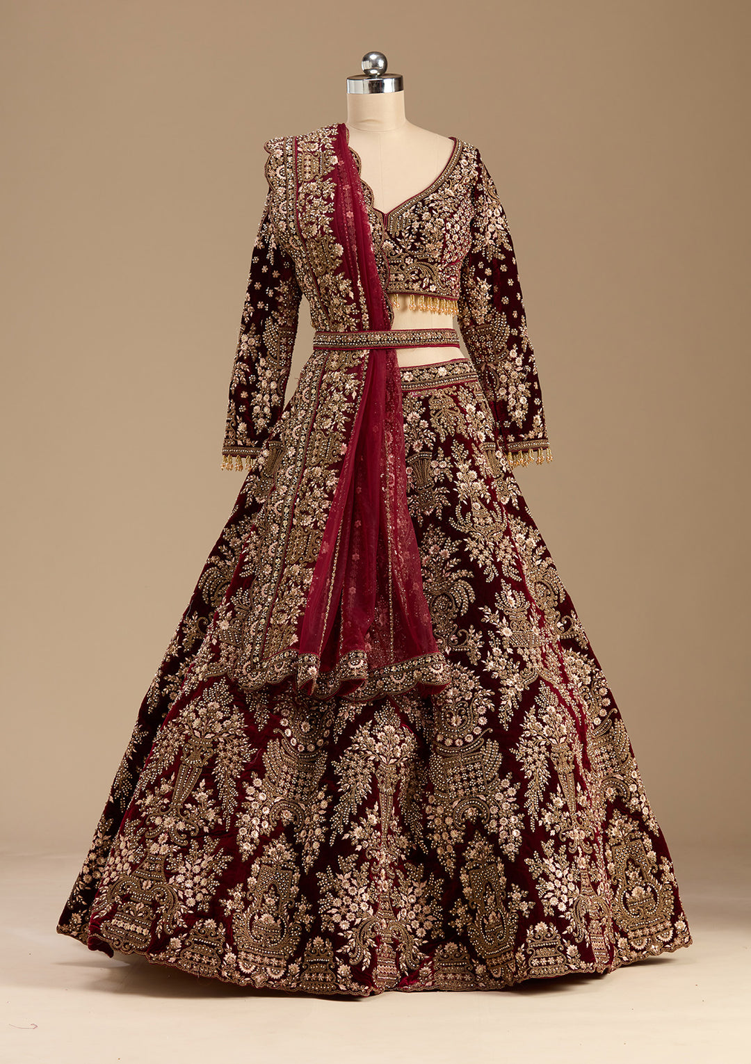 Maroon Cording Velvet Readymade Lehenga