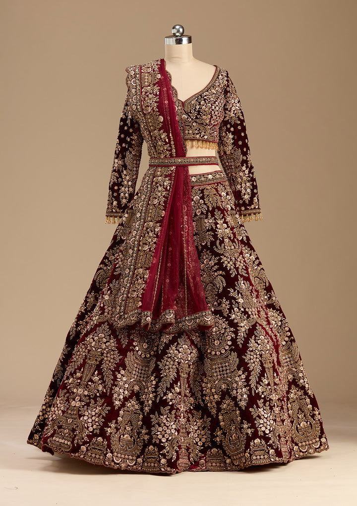 Maroon Cording Velvet Readymade Lehenga