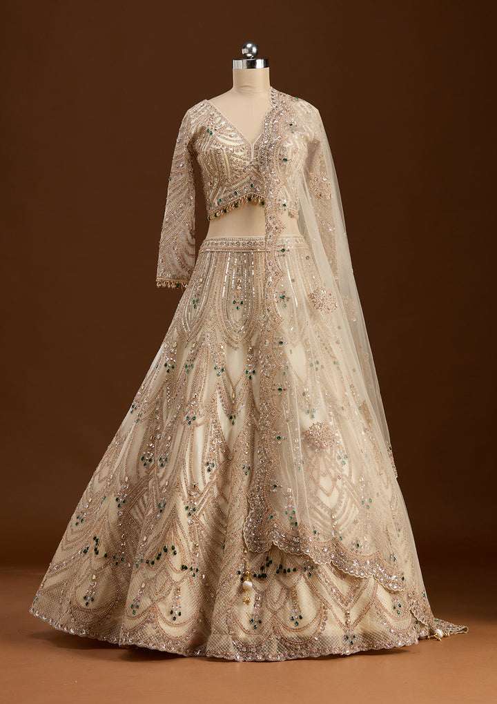 Off White Cording Net Readymade Lehenga