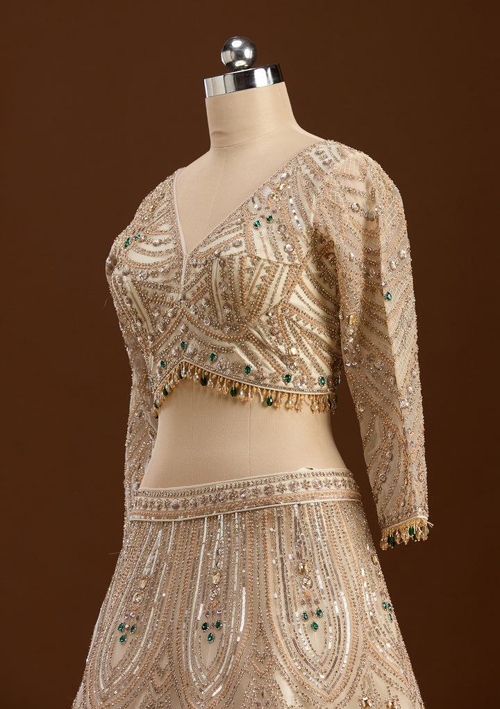 Off White Cording Net Readymade Lehenga