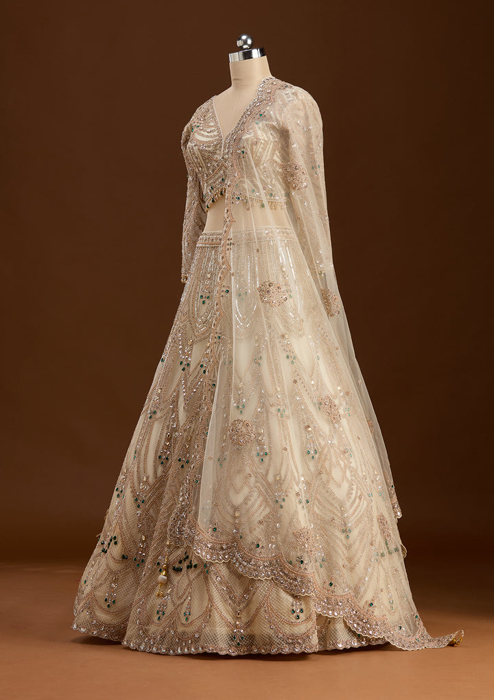 Off White Cording Net Readymade Lehenga