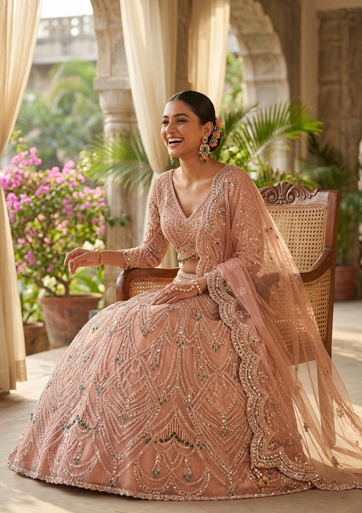 Peach Cording Net Readymade Lehenga
