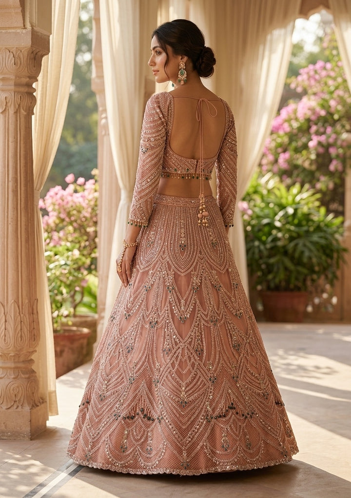 Peach Cording Net Readymade Lehenga