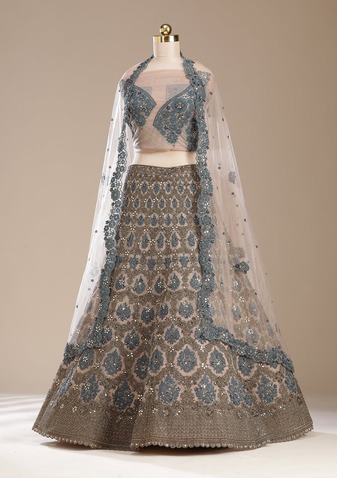Beige Cording Net Semi-Stitched Lehenga