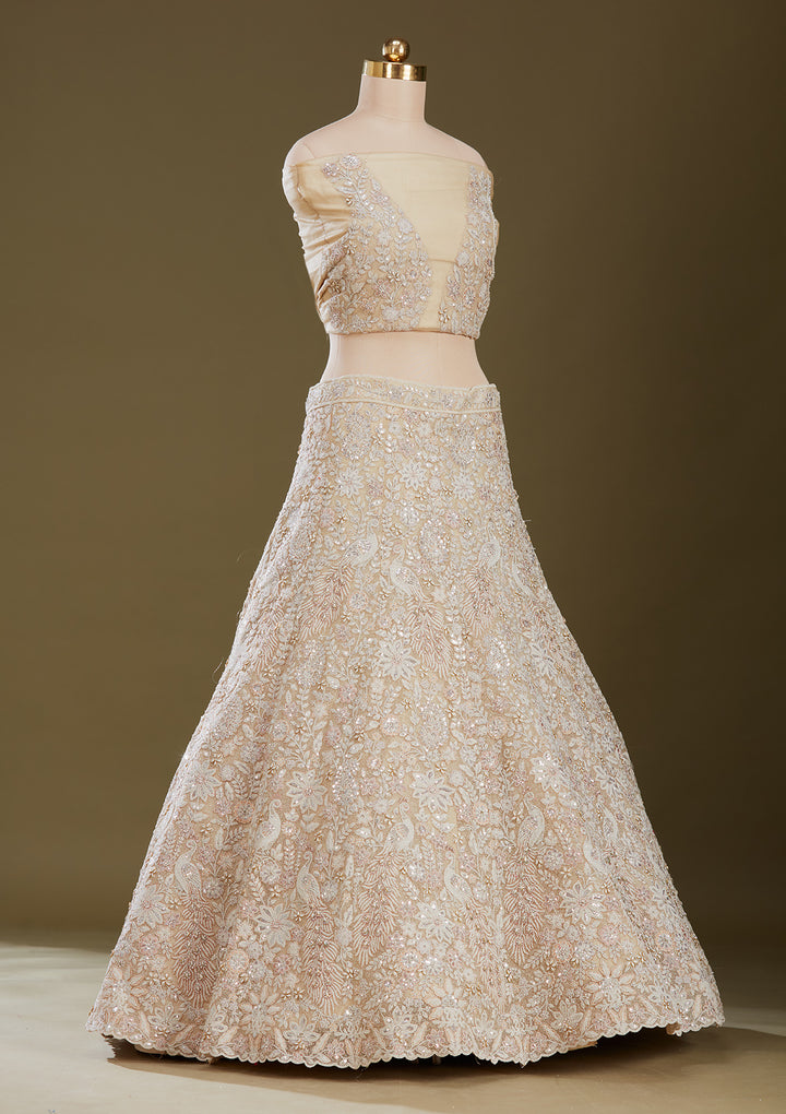 Cream Sequins Net Readymade Lehenga