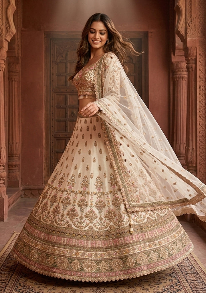 Off White Threadwork Raw Silk Readymade Lehenga