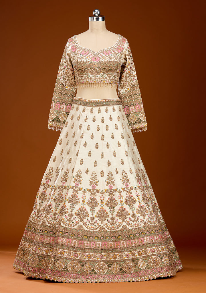 Off White Threadwork Raw Silk Readymade Lehenga
