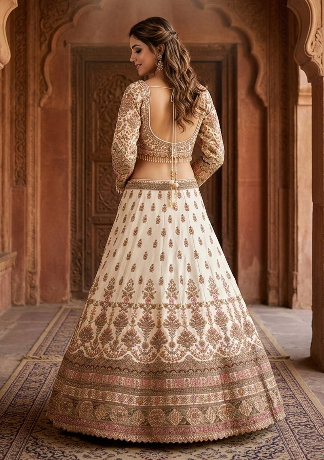 Off White Threadwork Raw Silk Readymade Lehenga
