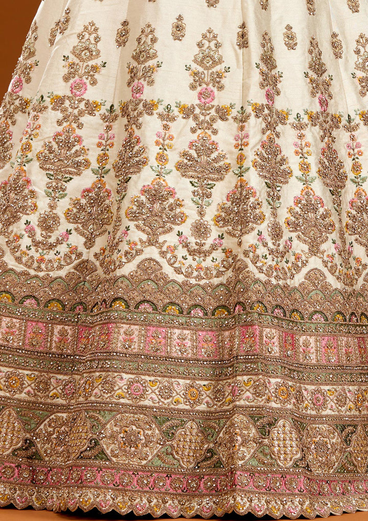 Off White Threadwork Raw Silk Readymade Lehenga