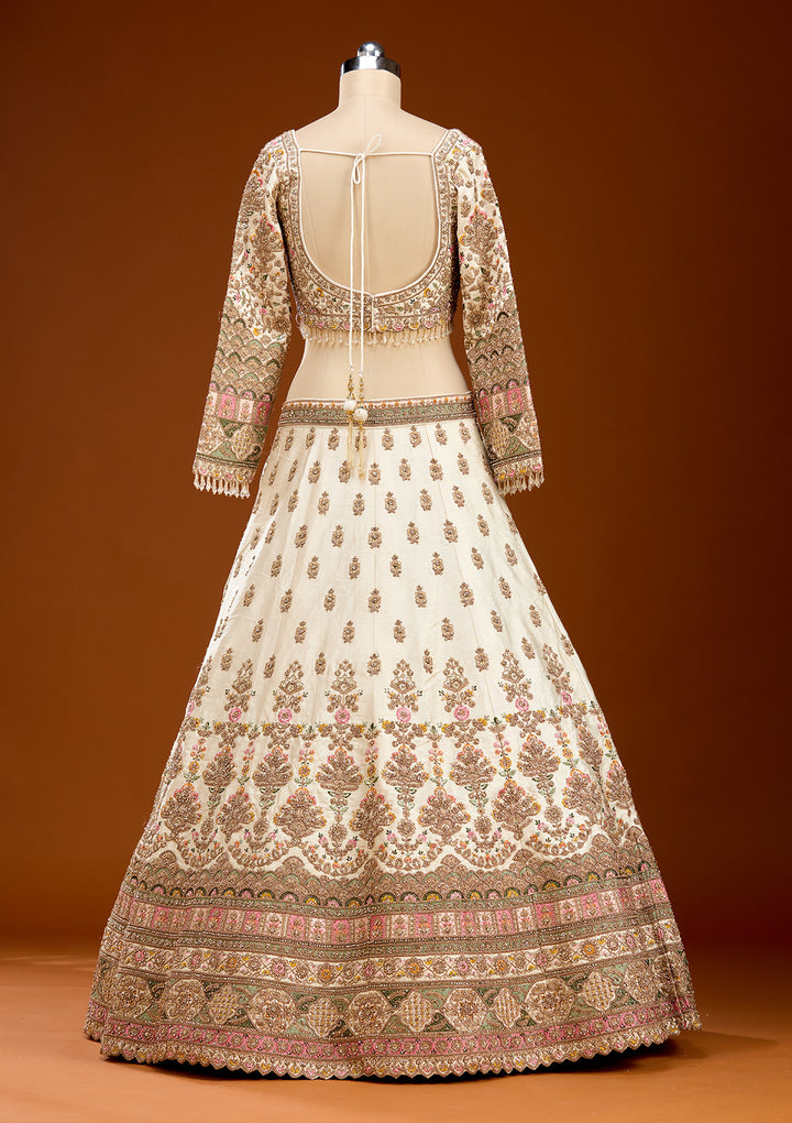 Off White Threadwork Raw Silk Readymade Lehenga