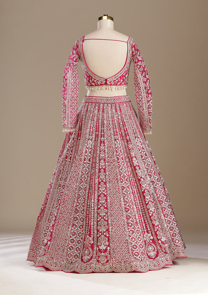 Rani Pink Mirrorwork Net Readymade Lehenga