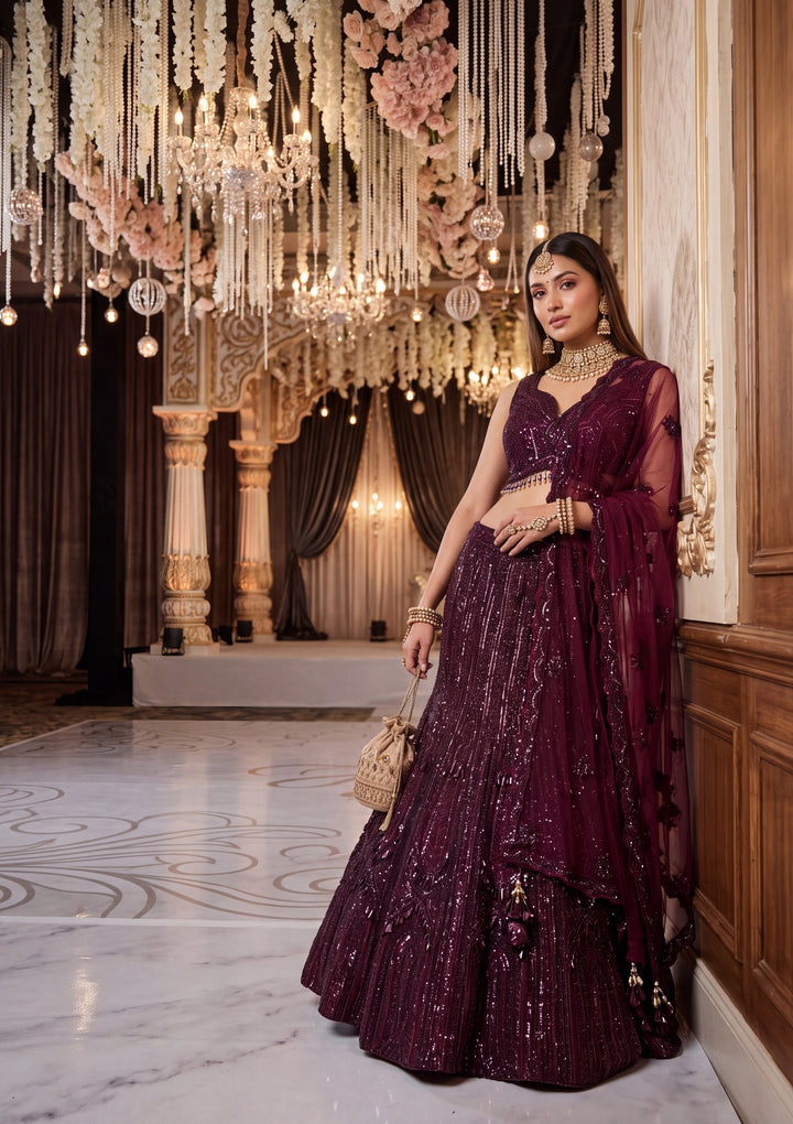 Sequins Wine Net Stitched Lehenga Blouse With Dupatta
