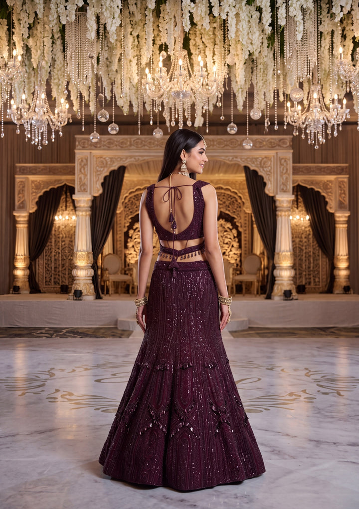 Sequins Wine Net Stitched Lehenga Blouse With Dupatta