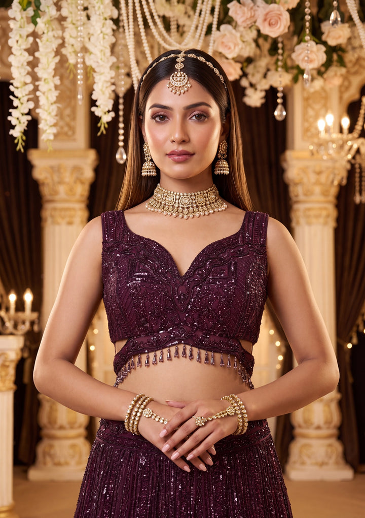 Sequins Wine Net Stitched Lehenga Blouse With Dupatta