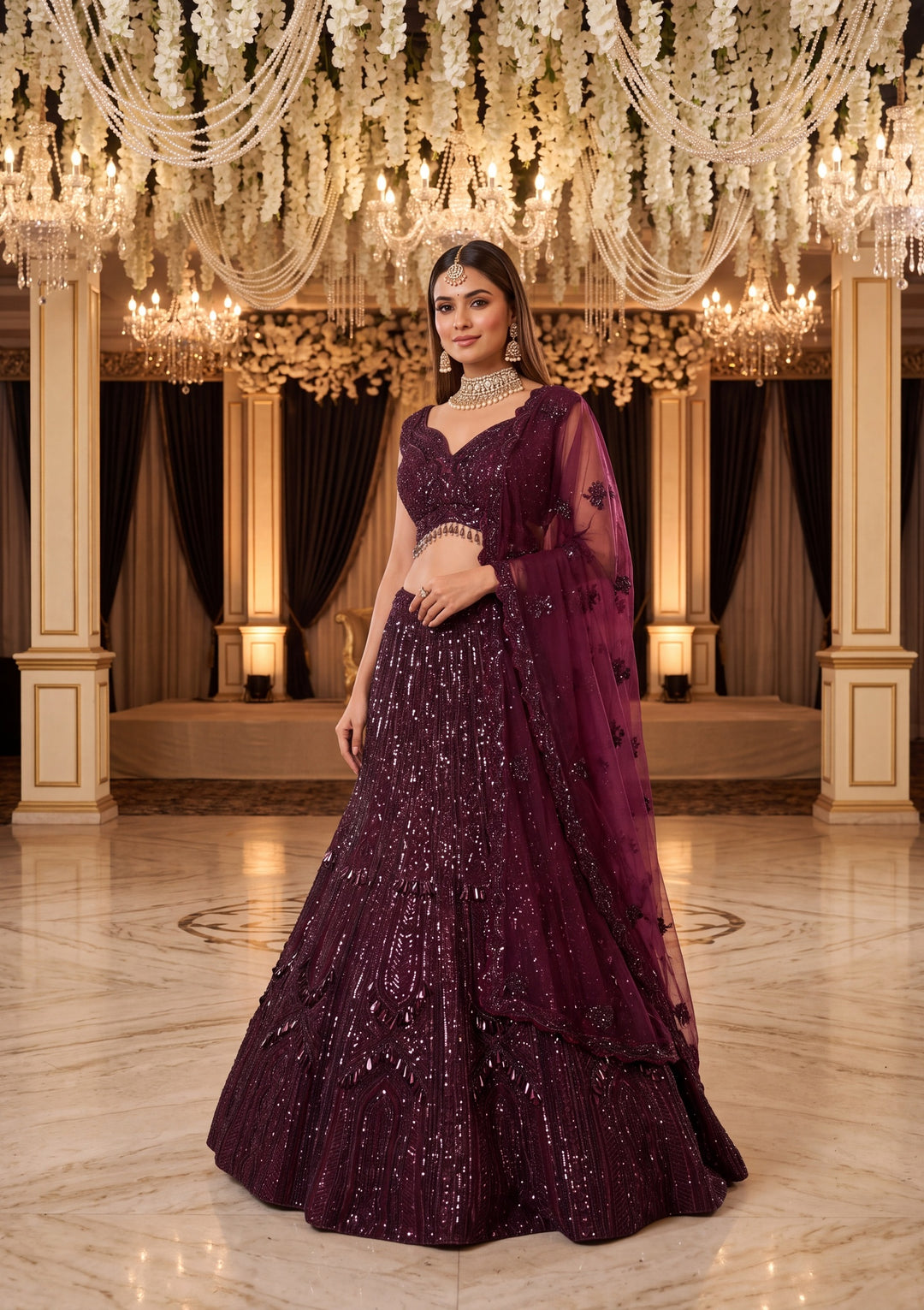 Sequins Wine Net Stitched Lehenga Blouse With Dupatta