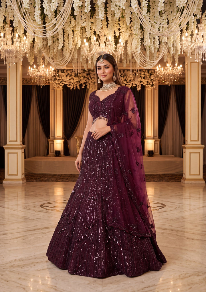 Sequins Wine Net Stitched Lehenga Blouse With Dupatta