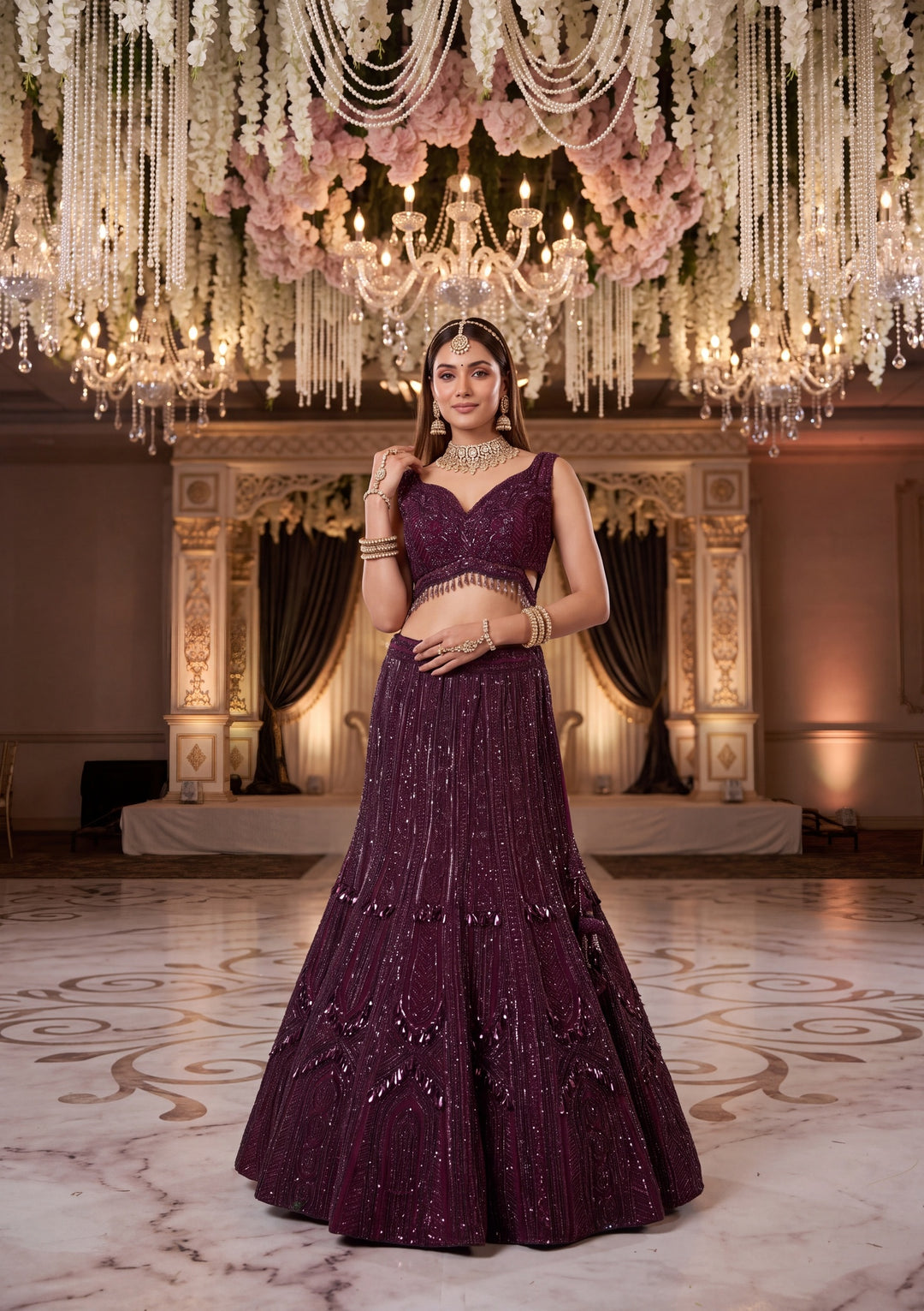 Sequins Wine Net Stitched Lehenga Blouse With Dupatta