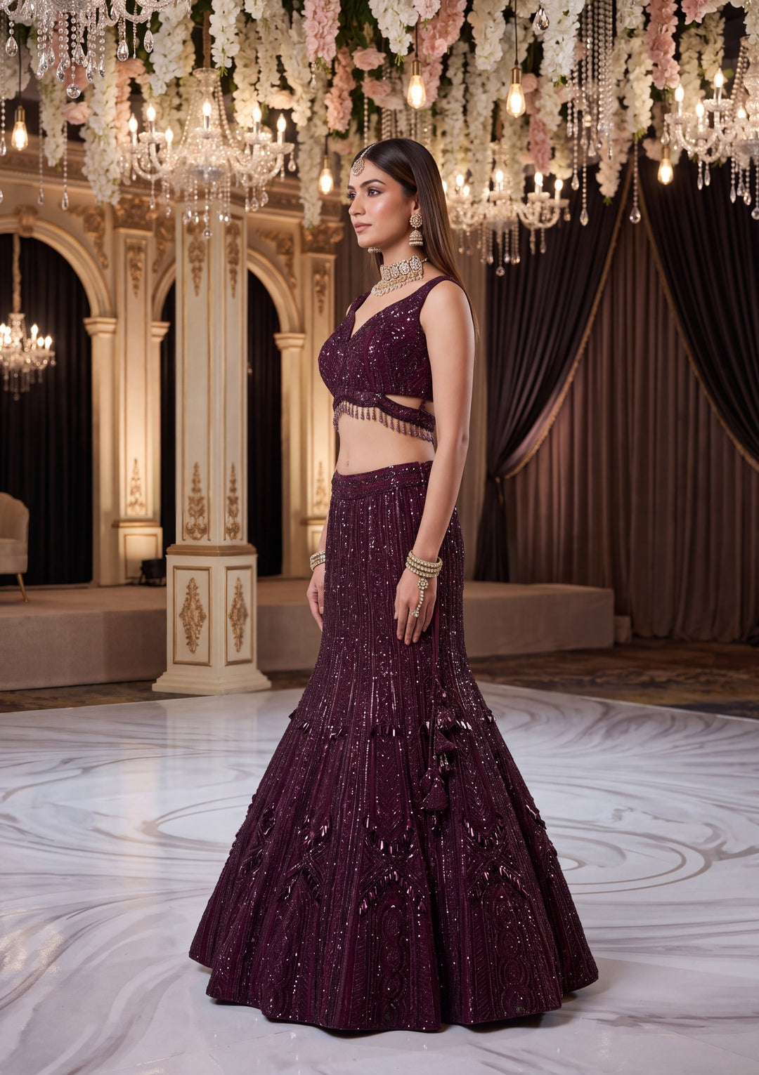 Sequins Wine Net Stitched Lehenga Blouse With Dupatta