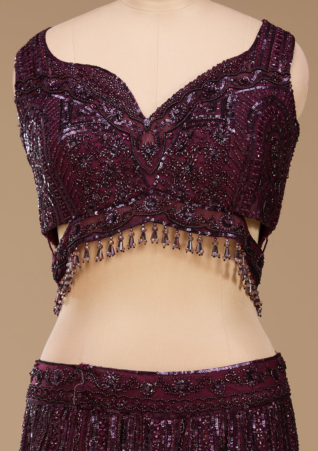 Sequins Wine Net Stitched Lehenga Blouse With Dupatta