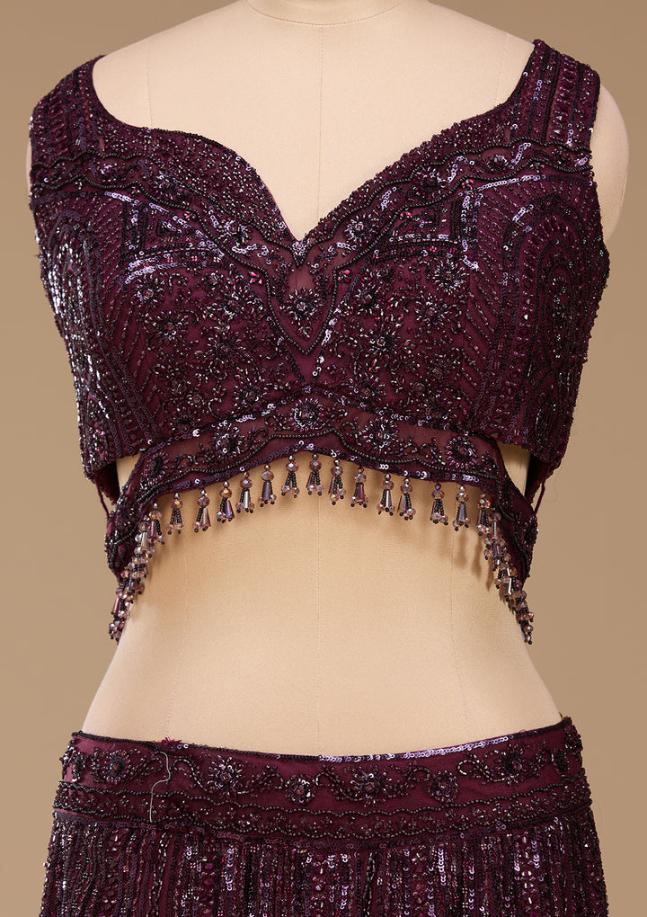 Sequins Wine Net Stitched Lehenga Blouse With Dupatta