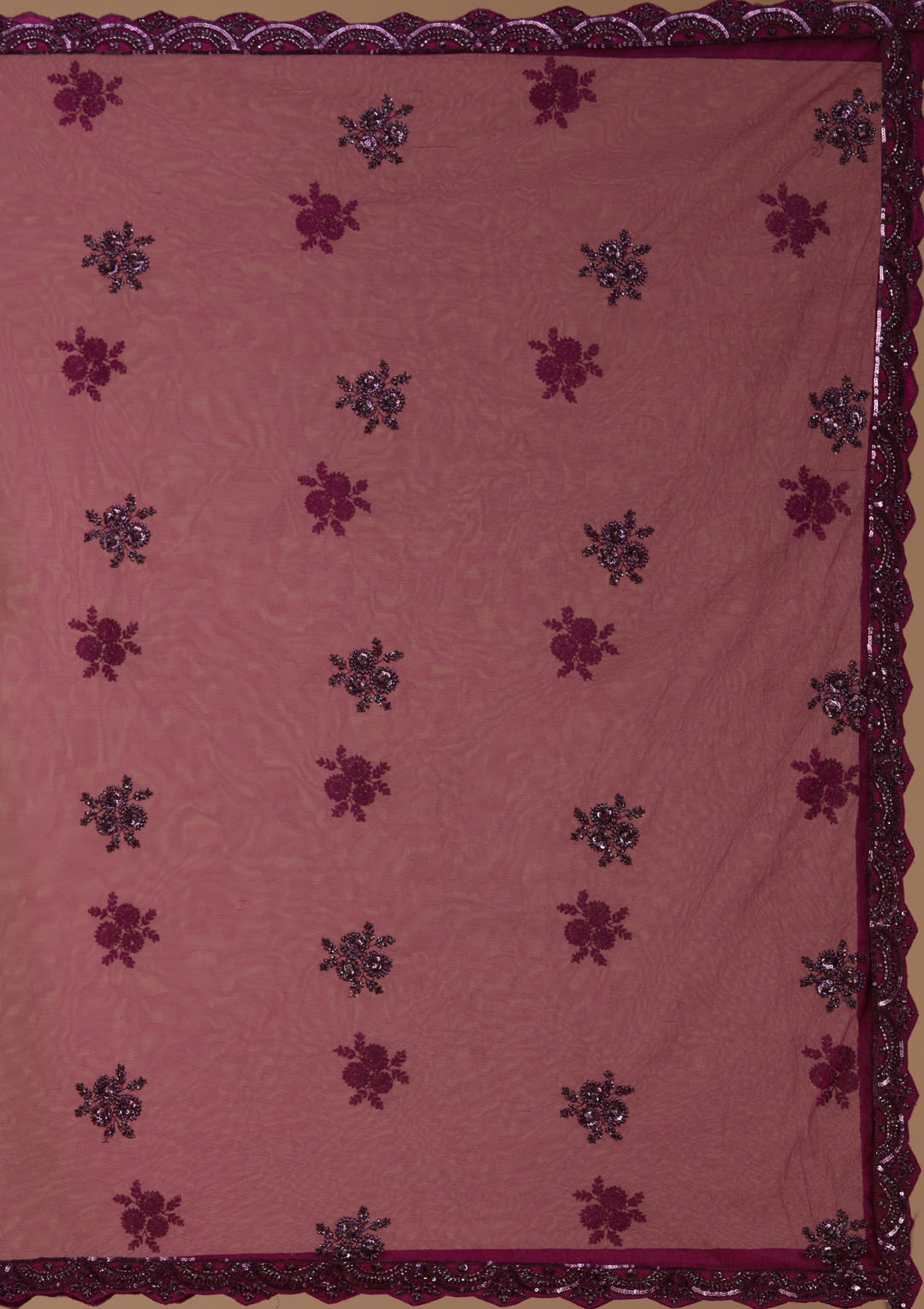 Sequins Wine Net Stitched Lehenga Blouse With Dupatta