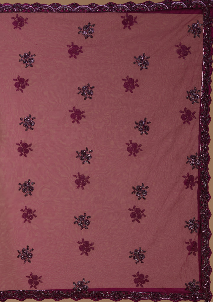Sequins Wine Net Stitched Lehenga Blouse With Dupatta