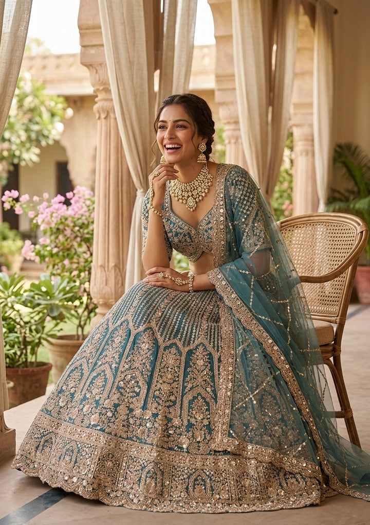 Peacock Blue Sequins Net Readymade Lehenga