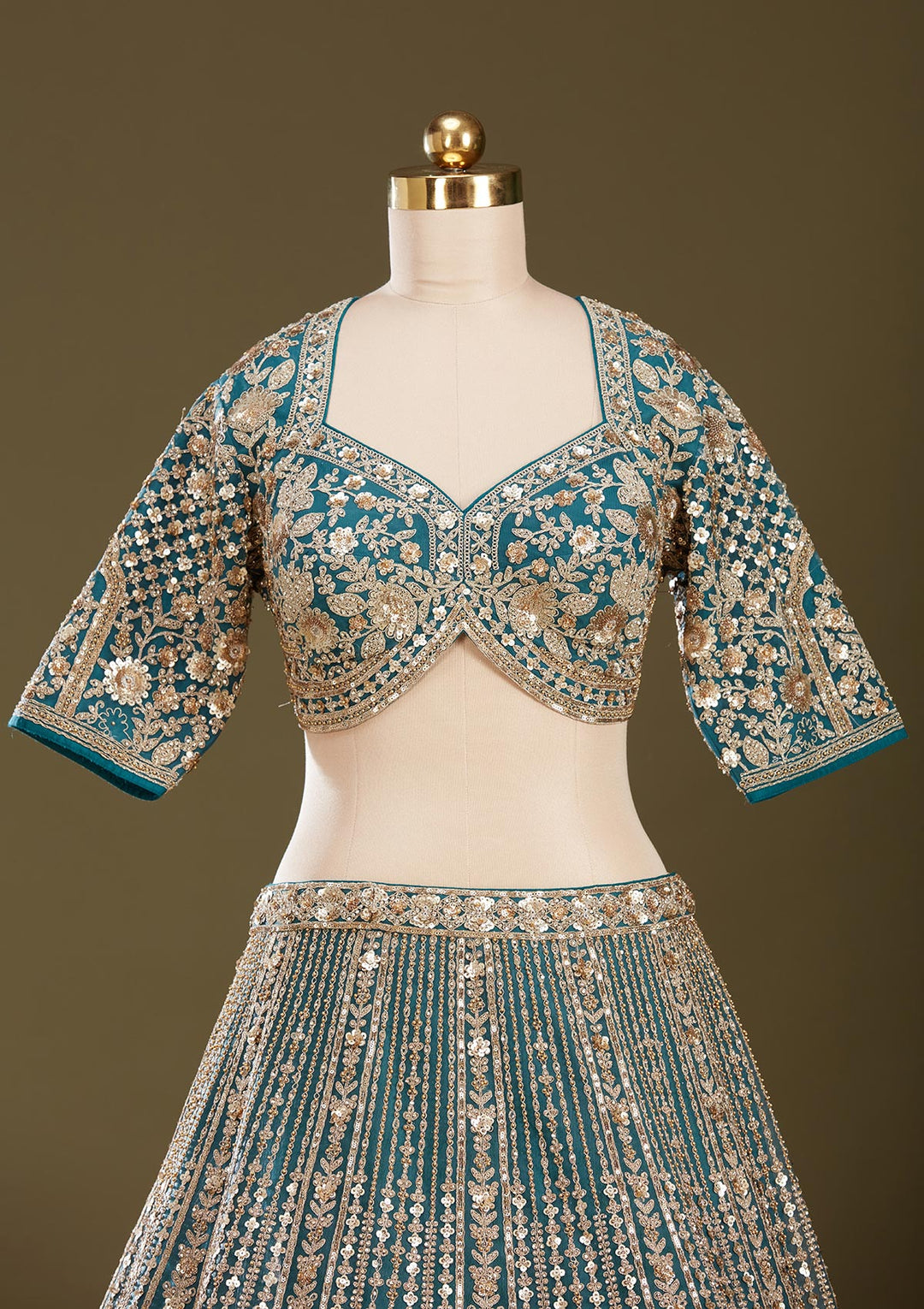 Peacock Blue Sequins Net Readymade Lehenga