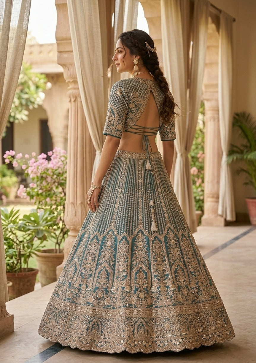 Peacock Blue Sequins Net Readymade Lehenga