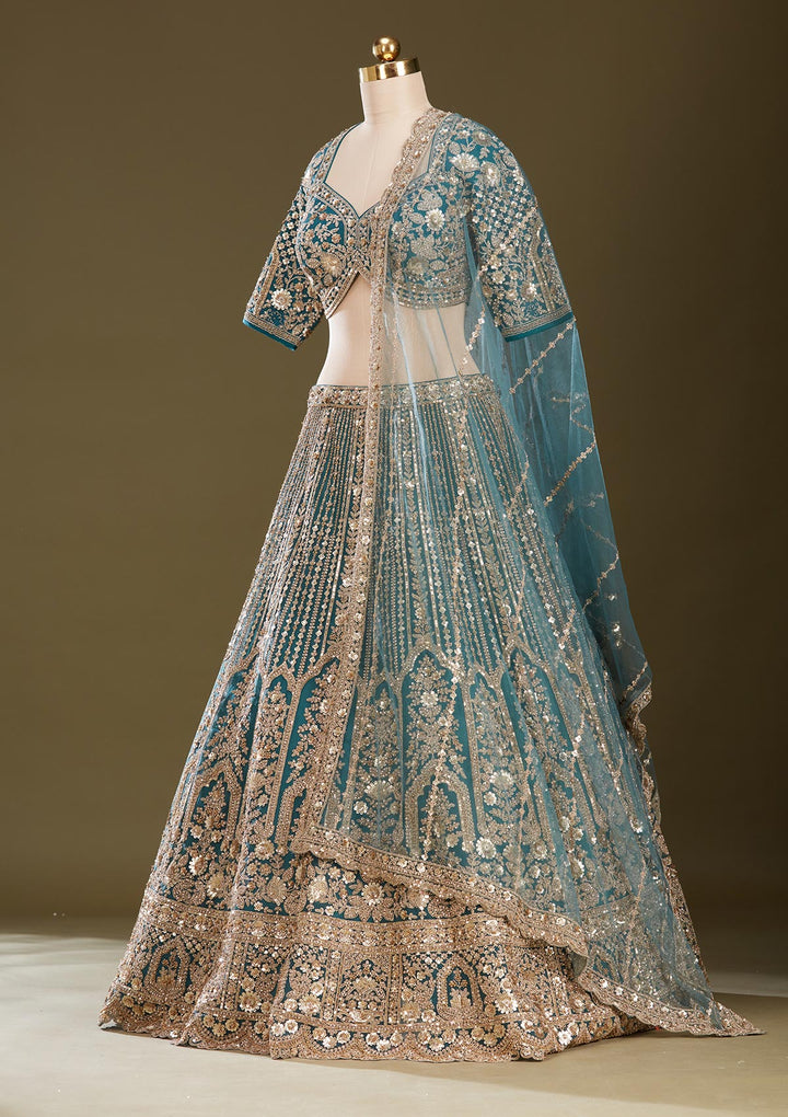Peacock Blue Sequins Net Readymade Lehenga